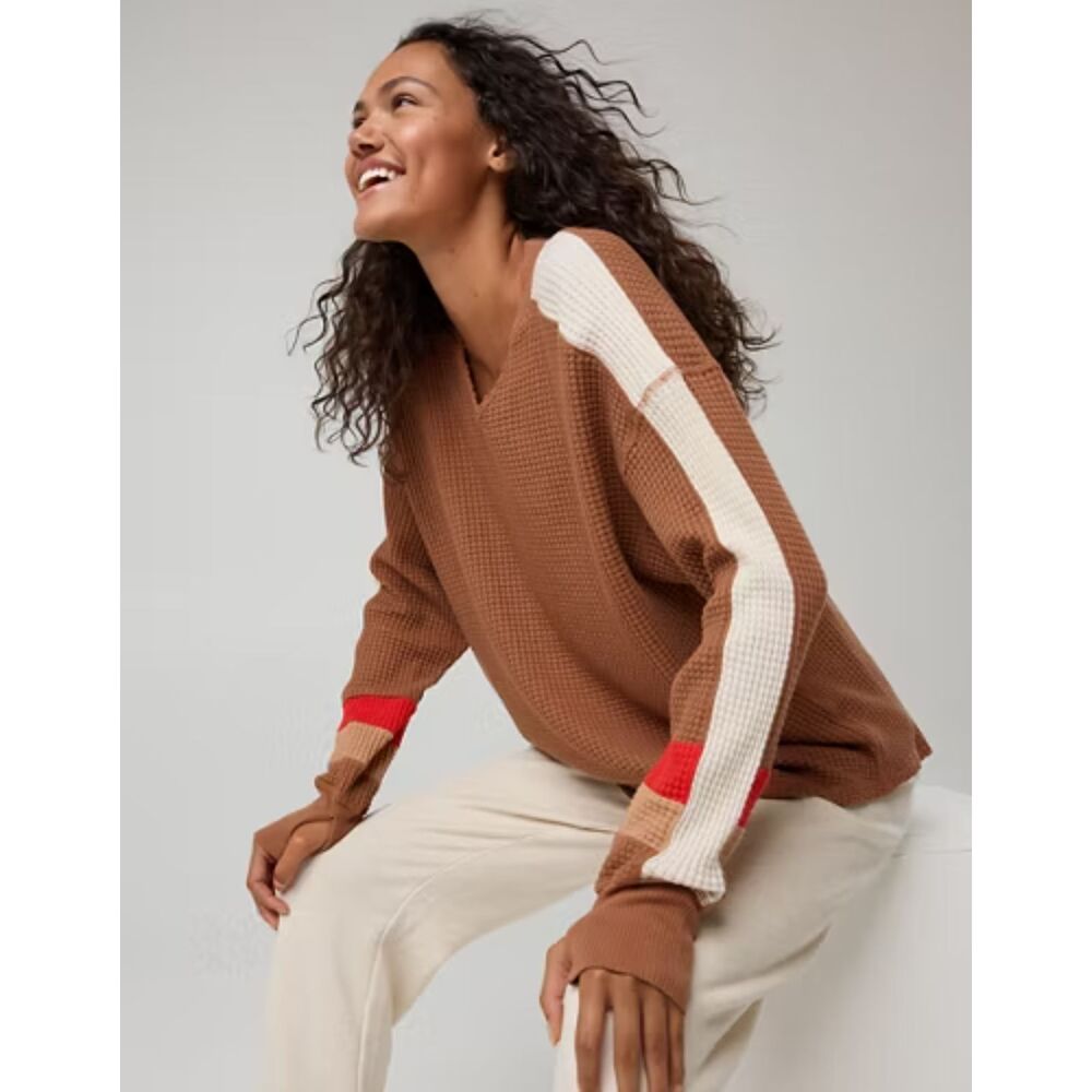 Womens Small Offline Wow! waffle notch neck brown long sleeve pullover t-shirt